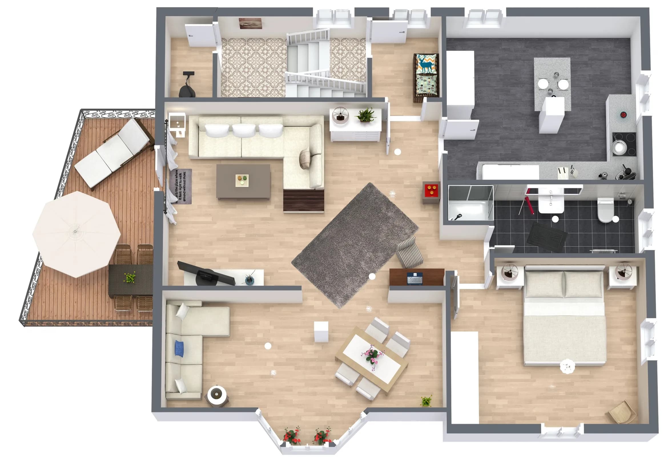 3D-Grundriss der Atelier-Wohnung der Villa Emmilio im Dachgeschoss, Wohnen auf Zeit in Bad Oeynhausen.