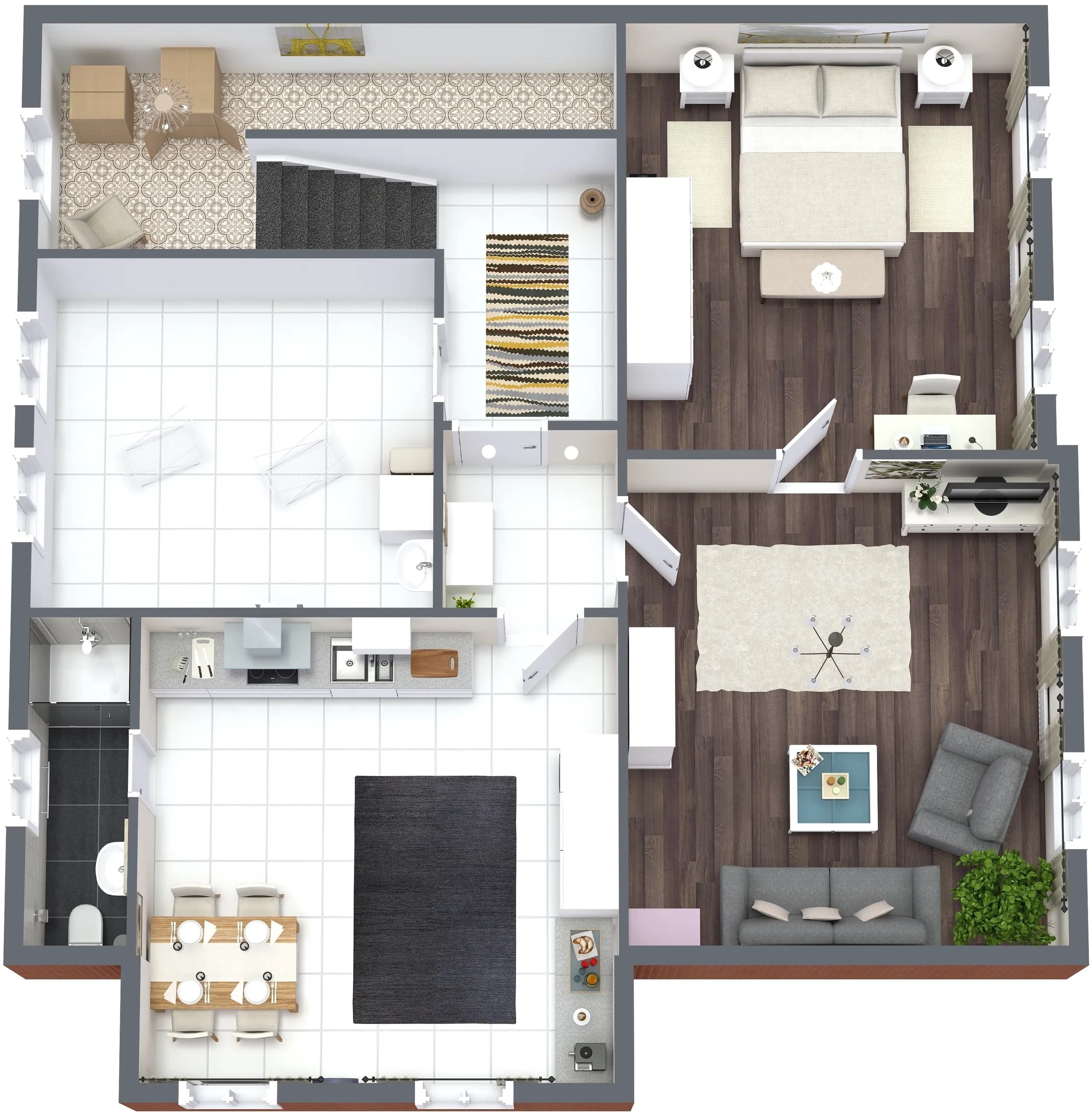 3D-Grundriss der Souterrain-Wohnung der Villa Emmilio, nahe dem Herzzentrum in Bad Oeynhausen.