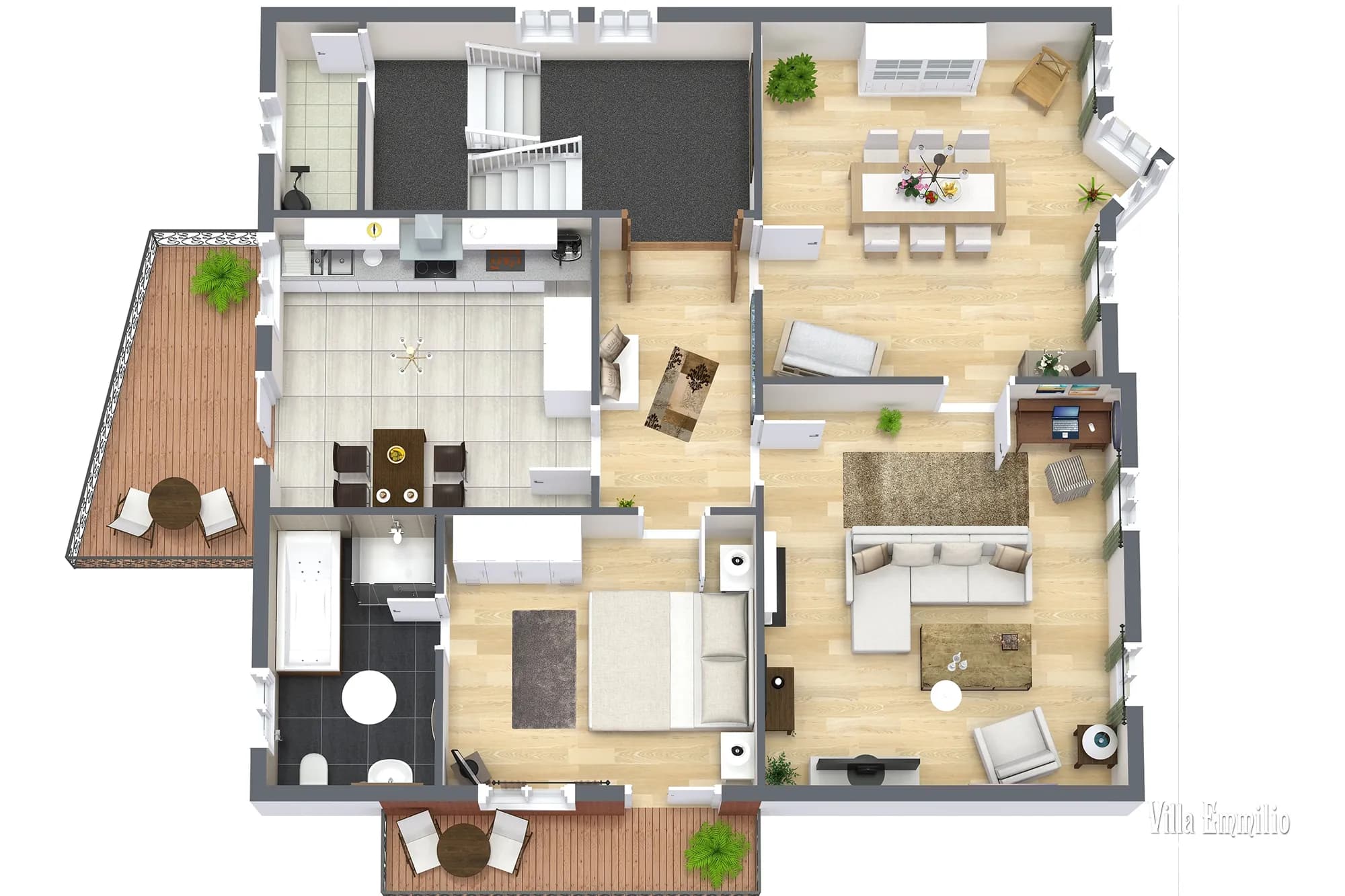 3D-Grundriss der Bel-Étage-Wohnung der Villa Emmilio mit Balkon, nahe dem Herz- und Diabeteszentrum (HDZ).