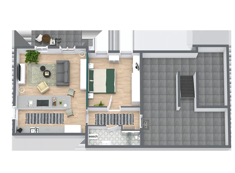 Grundriss der Bel Étage der Villa Maria mit Ecksofa, Küche, Bett und Balkon mit 6,7 Quadratmetern, Wohnen auf Zeit.
