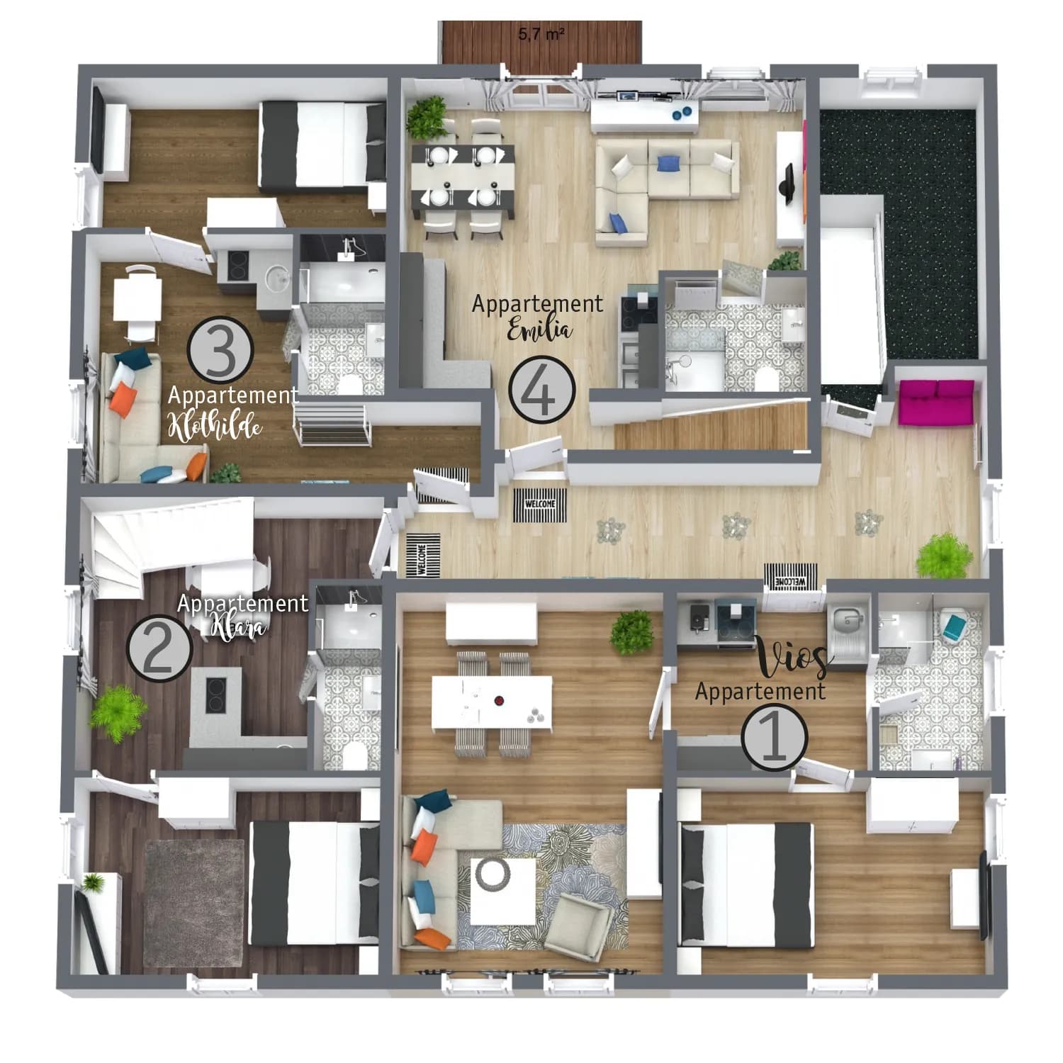 Etagenplan des VIOS Townhouse mit den vier Wohnungen Vios, Klara, Klothilde und Emilia in Bad Oeynhausen.