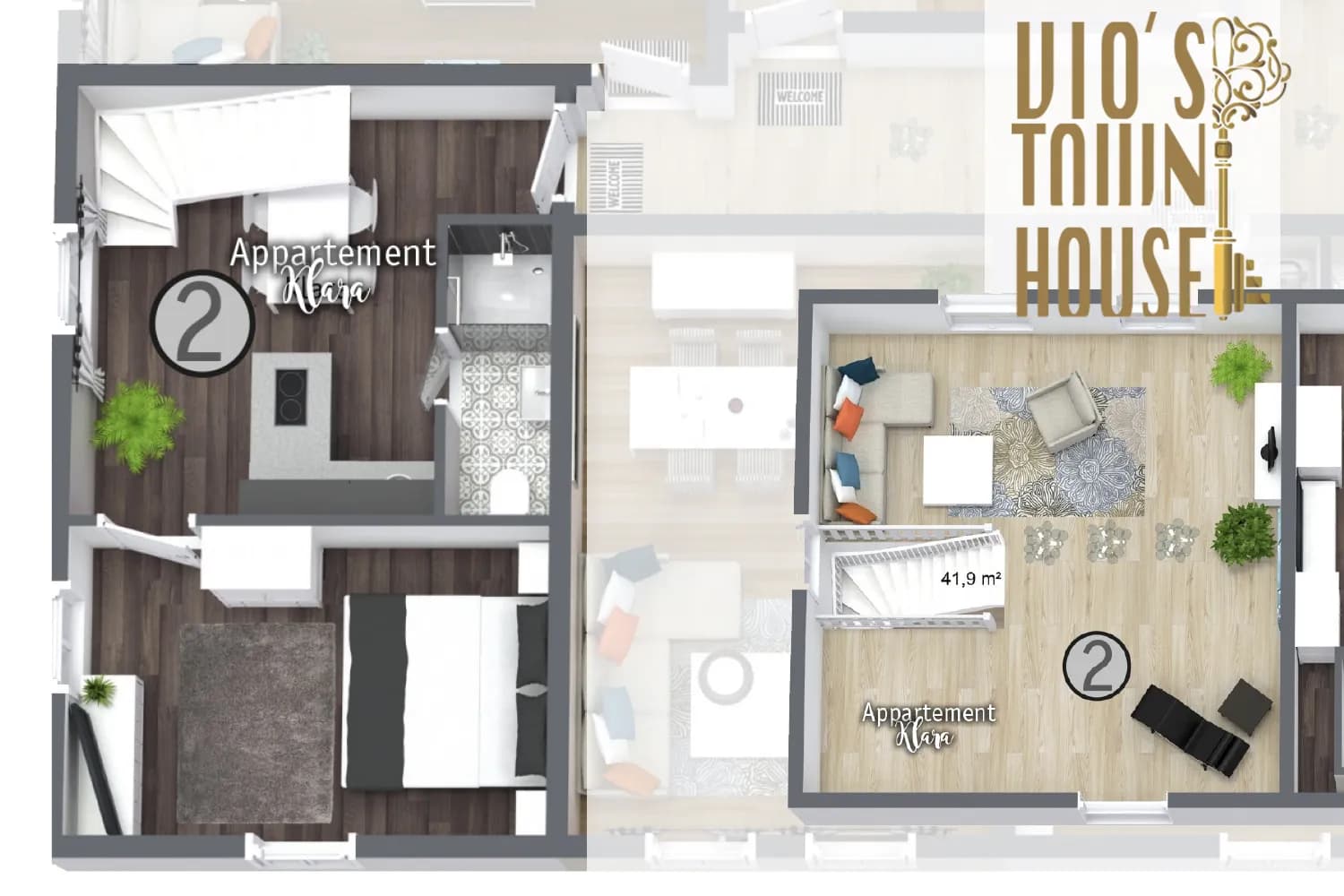 Grundriss der Maisonette Klara im VIOS Townhouse über zwei Etagen, Wohnen auf Zeit in Bad Oeynhausen.