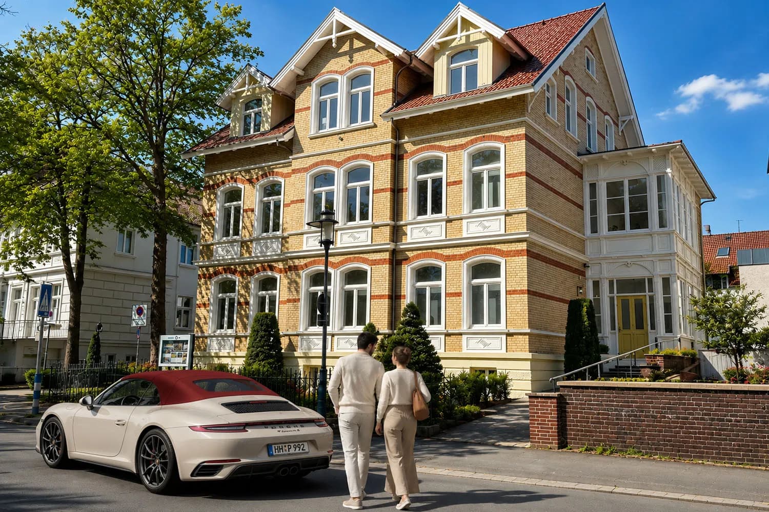 Ockergelbe Klinkerfassade des VIOS Townhouse von 1888 mit Giebeln, möbliertes Apartment in Bad Oeynhausen.