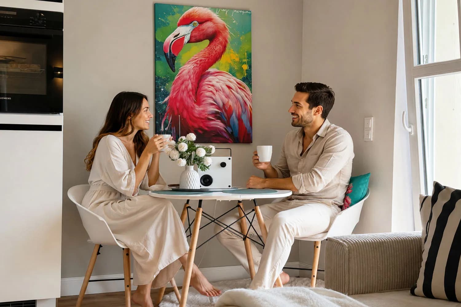 Essbereich der Maisonette Emilia mit Flamingo-Kunst und Designstühlen, Wohnen auf Zeit in Bad Oeynhausen.