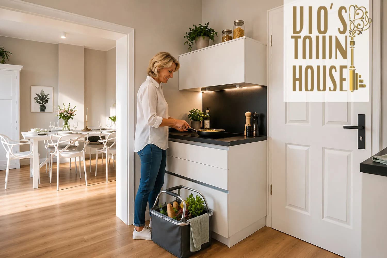 Offene Küche der Wohnung Vios mit Esstheke und Blick ins Wohnzimmer, Boardinghaus in Bad Oeynhausen.