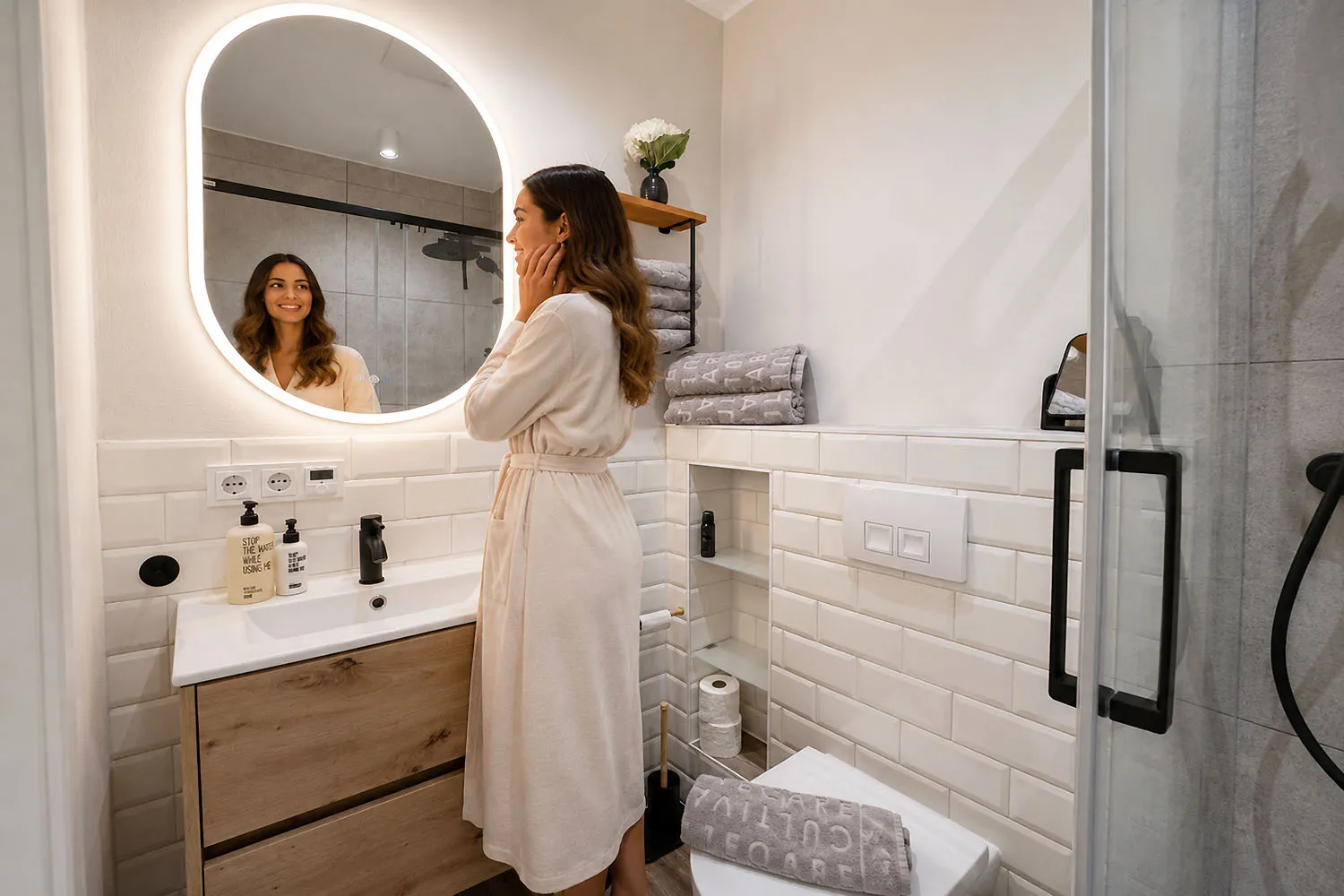Wellnessbad der Maisonette Emilia mit Holz-Waschtisch und ovalem Spiegel, Wohnen auf Zeit in Bad Oeynhausen.